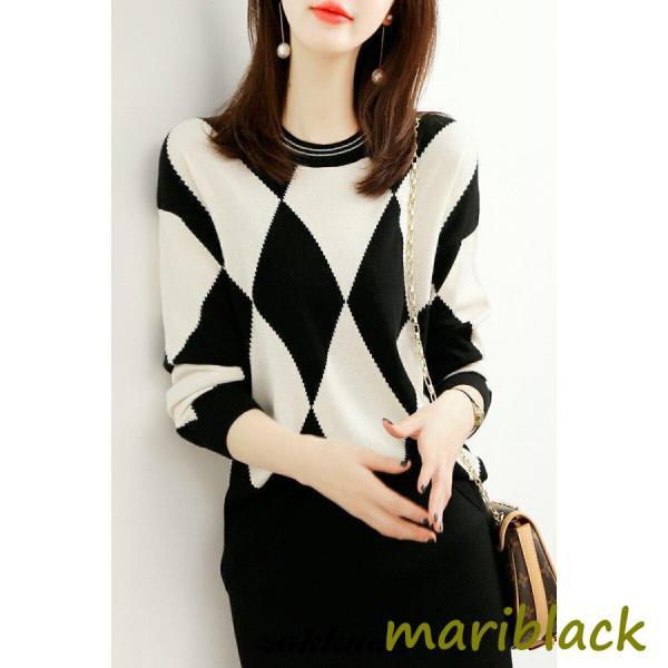 トップス セーター 長袖 ニット 丸首 暖かい モノトーン エレガント シック 気品 上品 ブラック ホワイトリモート 母親 ラフ