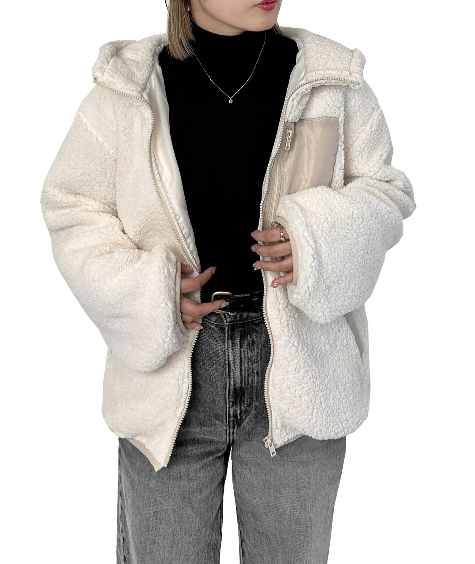 [meirire] ボアジャケット レディース モコモコ 白 冬 アウター 長袖 裏地付き パーカー ボアブルゾン メイリールー