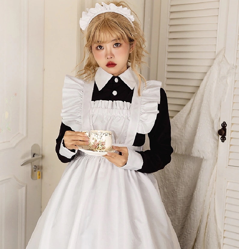 メイド服 コスプレ ワンピース セットアップ ロングスカート ロング丈 袖あり 長袖 襟付き Aライン フリル 3点セット スリーピース かわいい レトロ 無地 オールシーズン シーズンレス 10代
