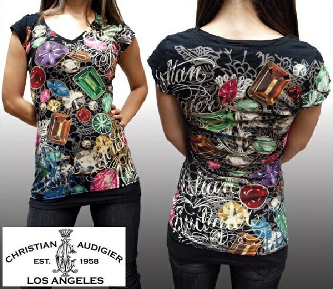 セール クリスチャンオードジェー レディース プラチナム Tシャツ Christian Audigier JEWELED ブラック インポート セレブ カジュアル ハリウッド LAセレブ ファッシ