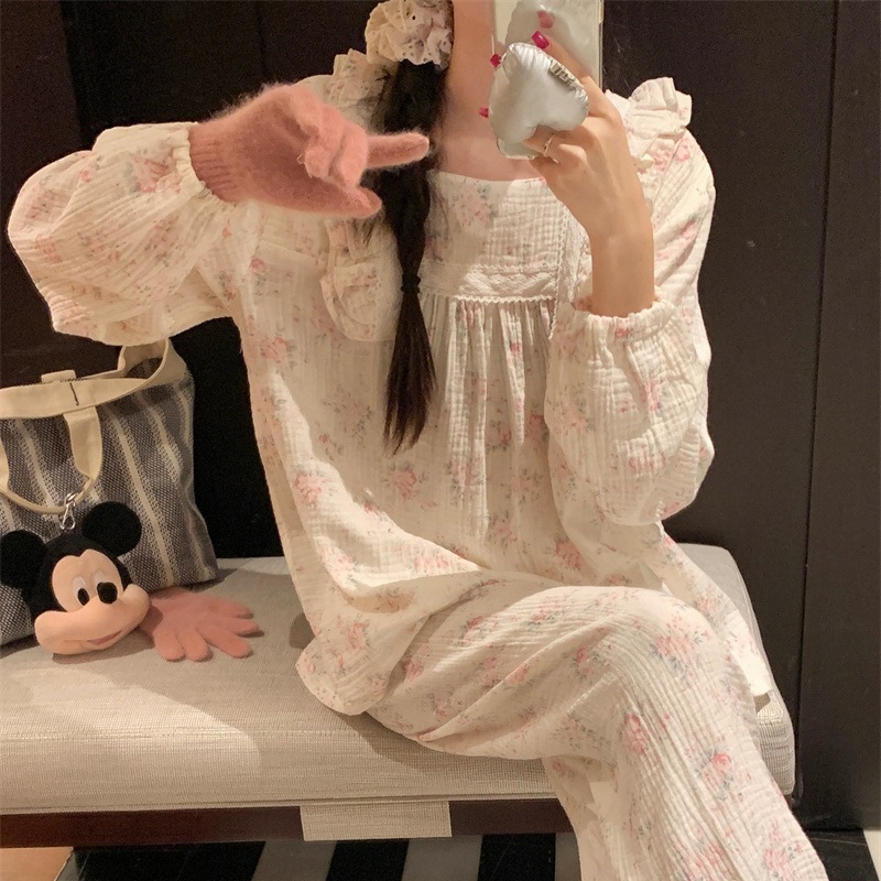 韓国版5春甘い花柄レースプリンセス風肌に優しいパジャマレディースホームウェアスーツトレンド