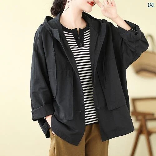 レディース　ファッション　　シンプル　オシャレ 秋新 文学 カジュアル ウォッシュ コットン 無地 フード付き ショート ジャケット 長袖 韓国 シンプル