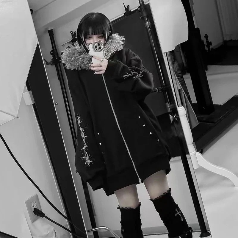 パーカー ダークレトロファー付きフード付きアウターY2Kスウェットゆったりプリント裏地付き長袖カーディガンEC1072 R179