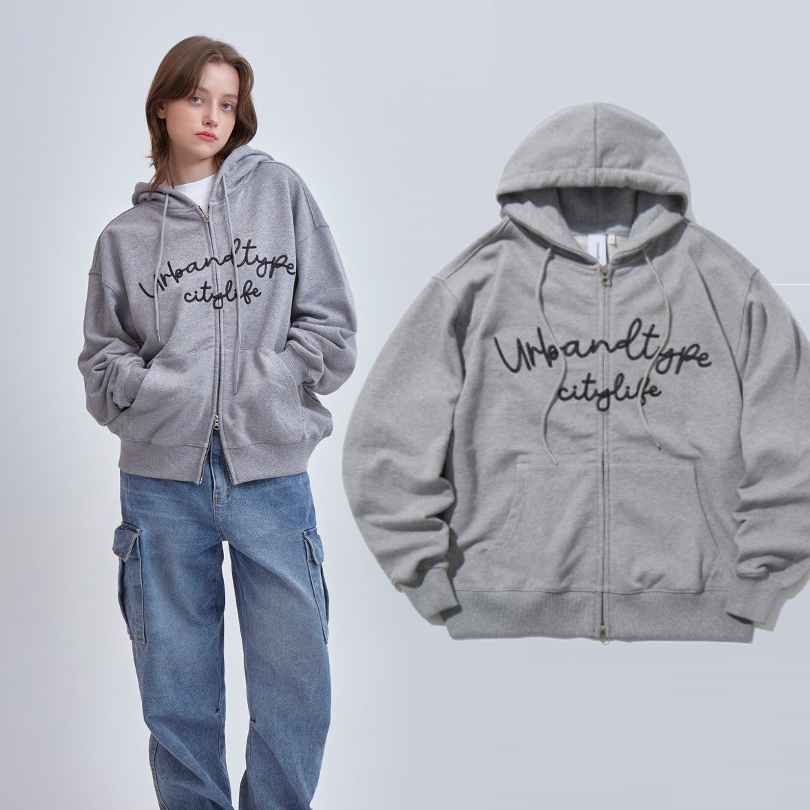 [韓国ベストグッズ] Chain Lettering Hood zip-up_Melange 5,191円