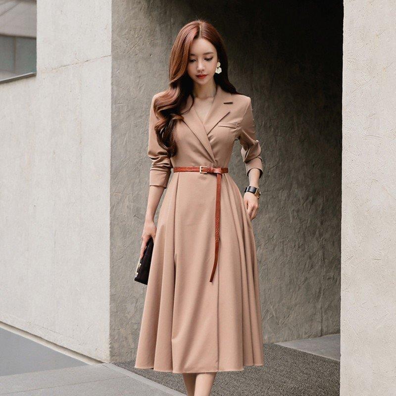 ワンピーススーツ ロングドレス Vネック テーラードカラー 長袖 Aライン 秋 冬 レディース 通勤OL 着痩せ ミセス フォーマル セレモニー ママ マキシワンピ