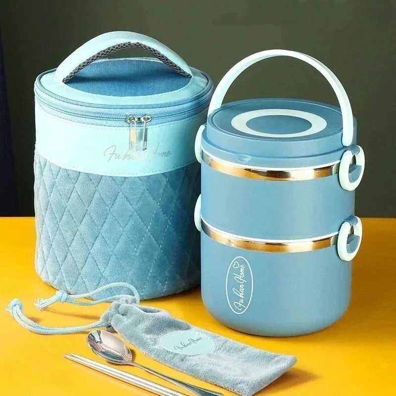 3点セット弁当箱2段+保温バッグ+カトラリー おしゃれお弁当袋 保温保冷304ステンレス鋼断熱弁当箱