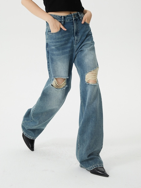 エッグタルト ホーム ハイウエスト レトロ ストレート ジーンズ