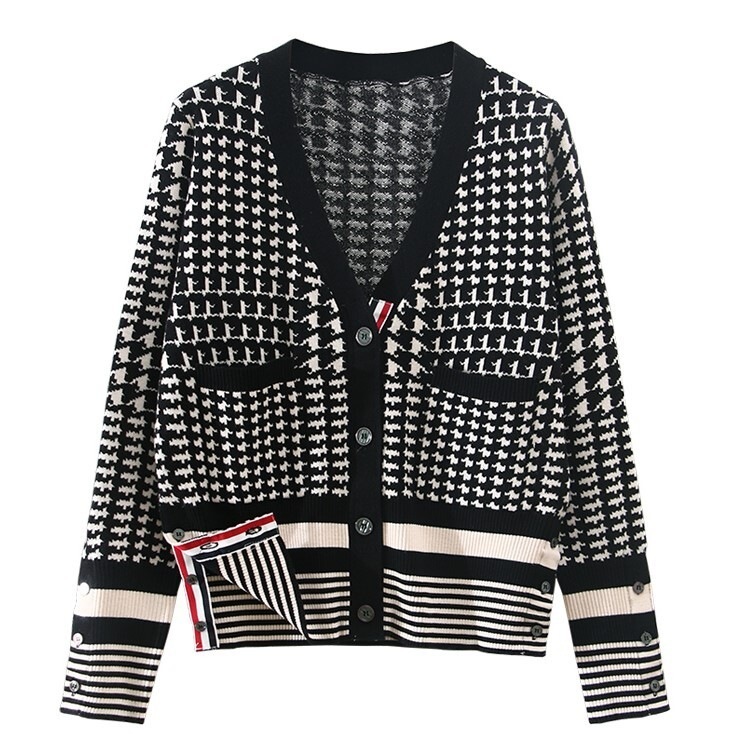 チェック柄 トップス ニット カーディガン レディース 秋冬 春 きれいめ 長袖 ショート丈 長袖 Vネック 襟なし ノーカラー スリム 細身 サイドスリット ハイウエスト リブ 前開き 黒 ブラック