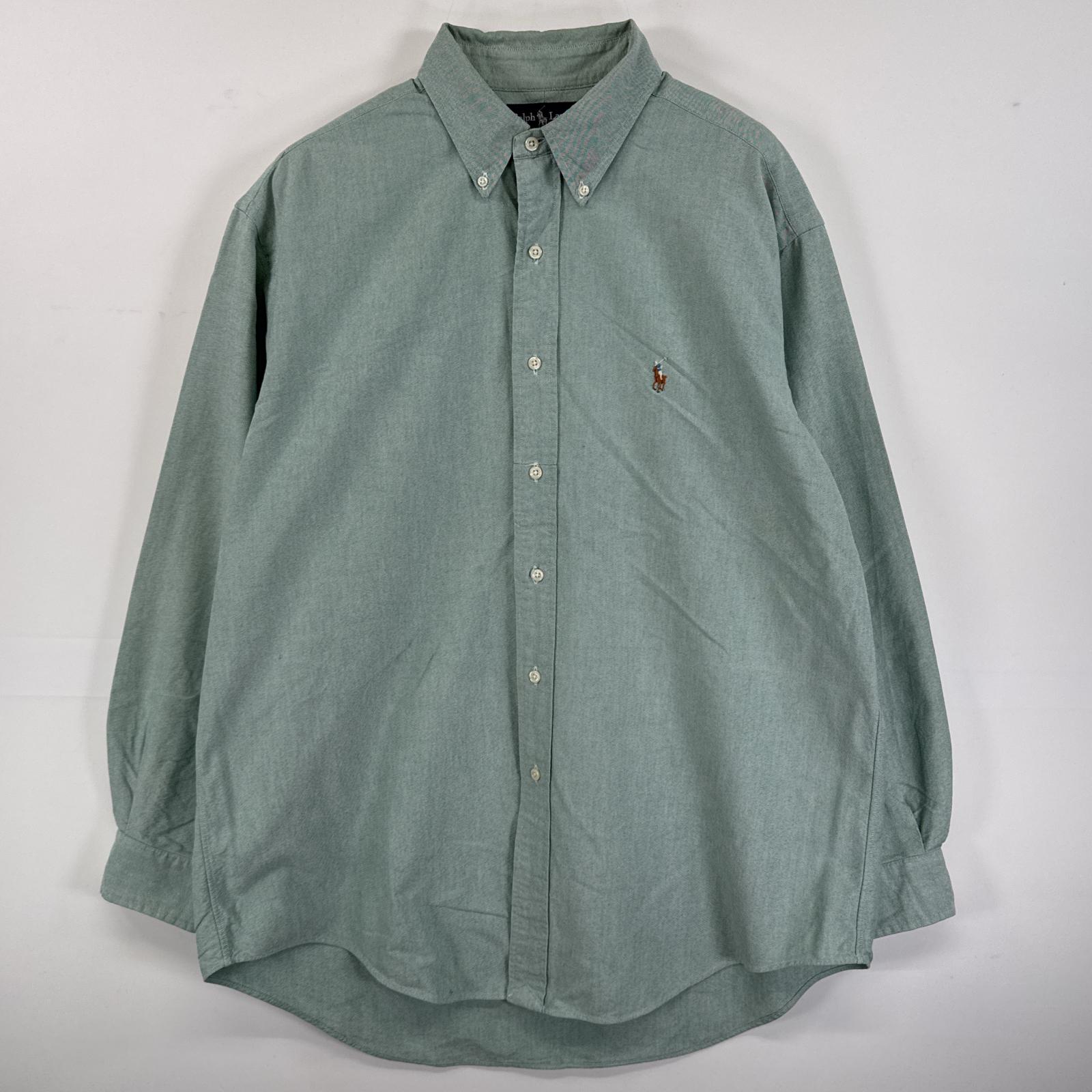 古着 長袖シャツ ボタンダウンシャツ オックスフォード ワンポイント 刺繍 16 L-XL グリーン系 無地 メンズ