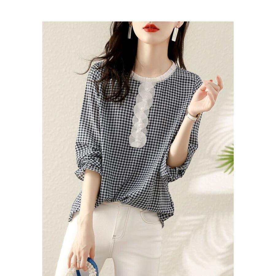 夏新作ブラウス レディース 春夏秋 シフォン S-2XL シャツ コーデ 長袖 オフィス レース きれいめ トップス チェック柄 カジュアル 大人 可愛い おしゃ