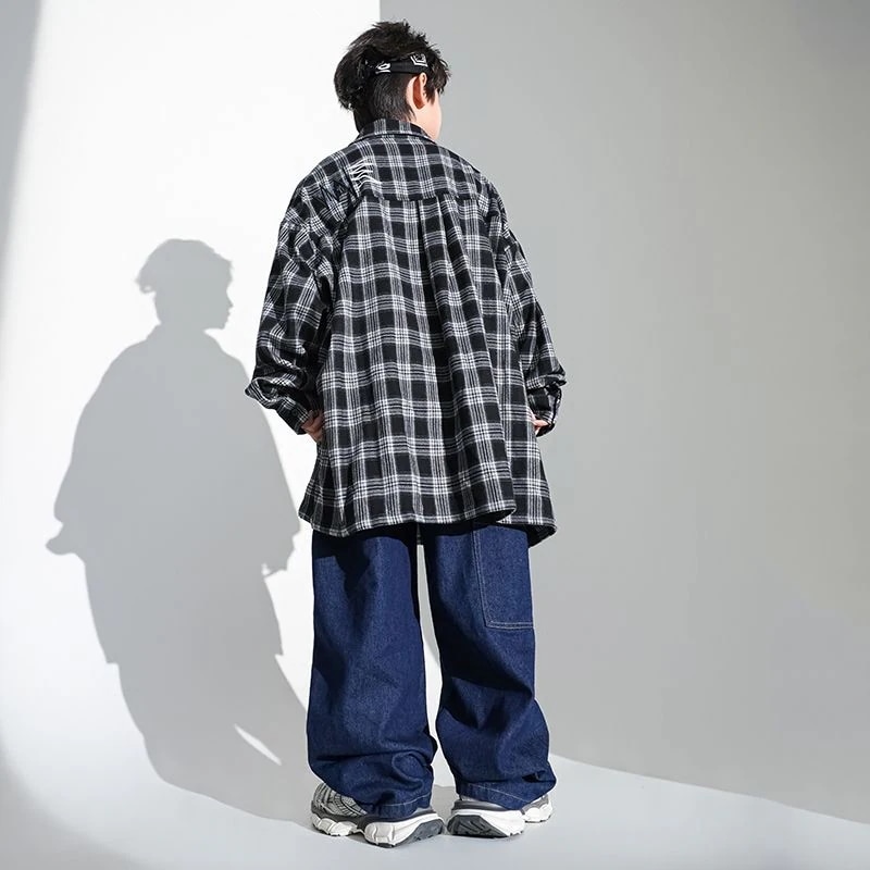 子供街舞潮服格子シャツセットhiphop男女クールヒップホップ元旦出演服演技服