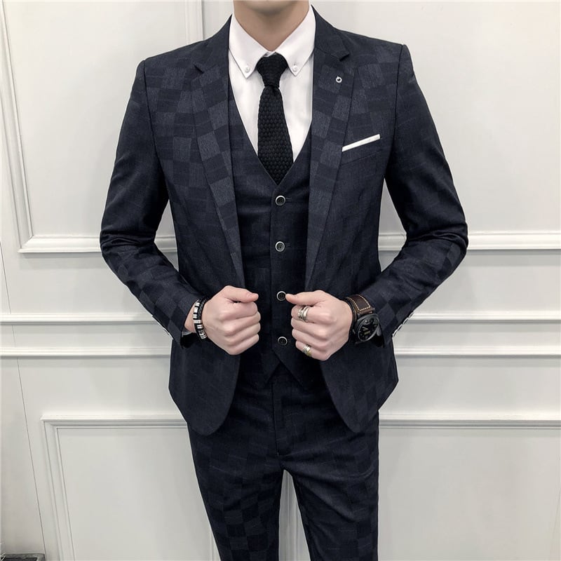 スーツ 紳士服 男 メンズ 人気 おすすめ おしゃれ お洒落 激安 安い プチプラ ３点セット スリーピース シングルスーツ ベスト ジャケット 一つ釦 パンツ スラックス 格子柄 s