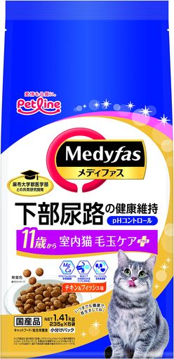 メディファス 室内猫 毛玉ケアプラス 11歳から チキン&フィッシュ味 チキン&フィッシュ味 MFD-39 1.41kg(235g×6)x6(ケース販売)