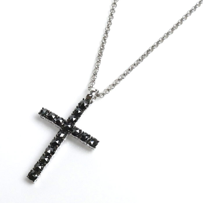 K18WG ホワイトゴールド クロス ブラックダイヤ ネックレス ブラックダイヤモンド3.00ct 12.5g -50cm フリーチェーン ユニセックス 中古