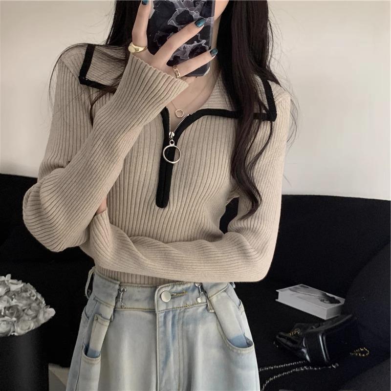 色の衝突ハーフジップラペルジャンパー女性秋と冬のボトムスリム薄手ニットセータートップス女性服