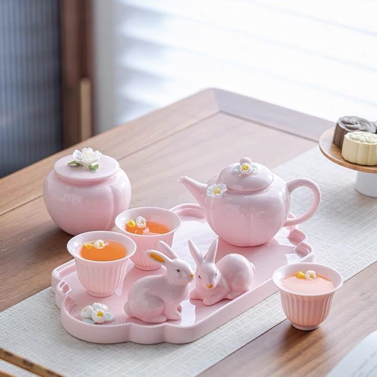 セラミックタンブラーピンクつまみりカンフーティーセット茶皿セラミックティーポットカップ家庭用オフィスレディース洗練されたタンブラー