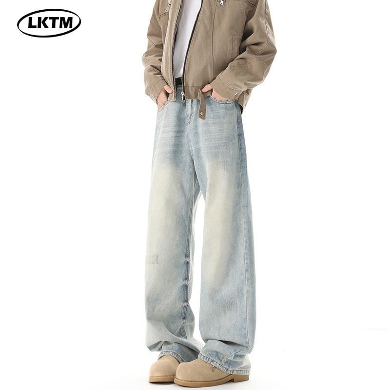 デニムパンツ メンズ アメリカンレトロ ヴィンテージ風 ライトブルー ストレート ルーズフィット ジーンズ ウォッシュ加工 コットン カジュアル 普段使い ヒゲ加工