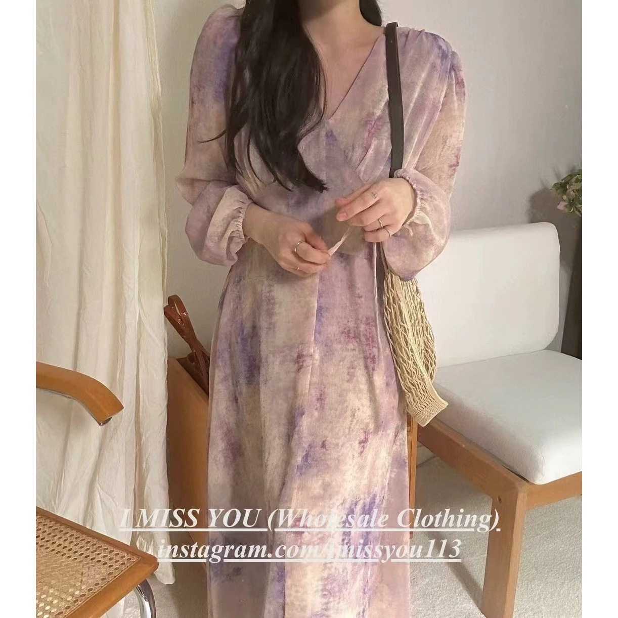 長袖ロング・マキシ丈ワンピ 2025春新作 韓国プリントVネック長袖ワンピース