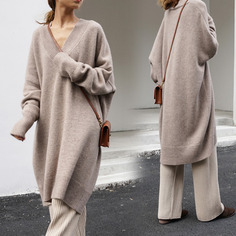 【送料無料】レディース ニット セーター ロング丈 長袖 ゆるかわ オーバー Vネック