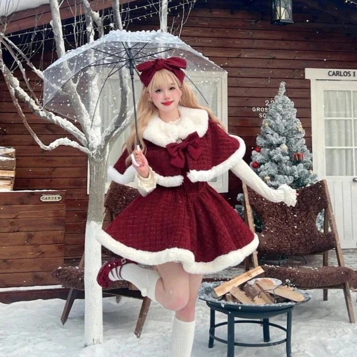 新入荷 最安値 可愛い！ロリータ サンタコス クリスマス セット ロリータ レッド 蝶ネクタイ ポンチョ ジャケット キャミソールドレス脚魅せミニスカート