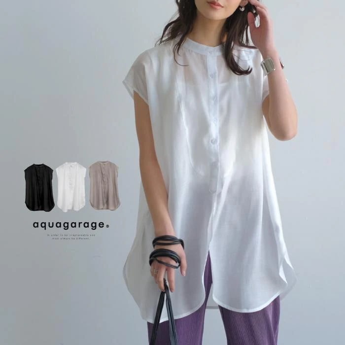 【迅速出荷】販売最低価 ! バンドカラーブラウス シアーシャツ 春 夏 ロング丈 ノースリーブ フレンチ