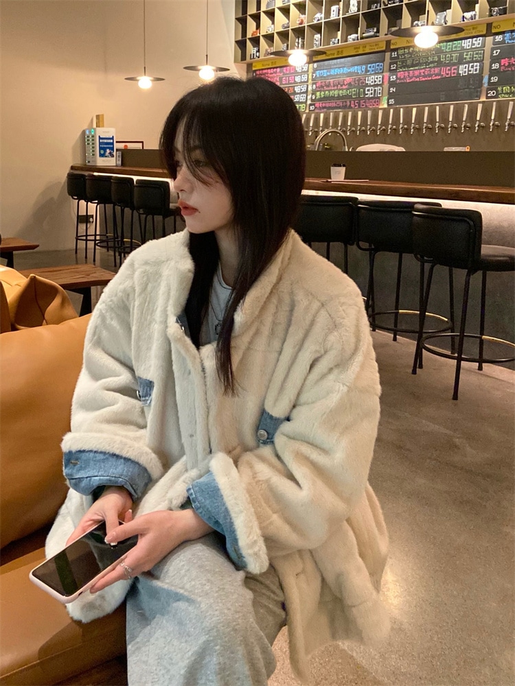 INSスタイル 冬 リバーシブル ゆったりする スリム ウサギ毛 ジャケット 新品 毛皮一体 デニムジャケット 厚手 コート 4,875円