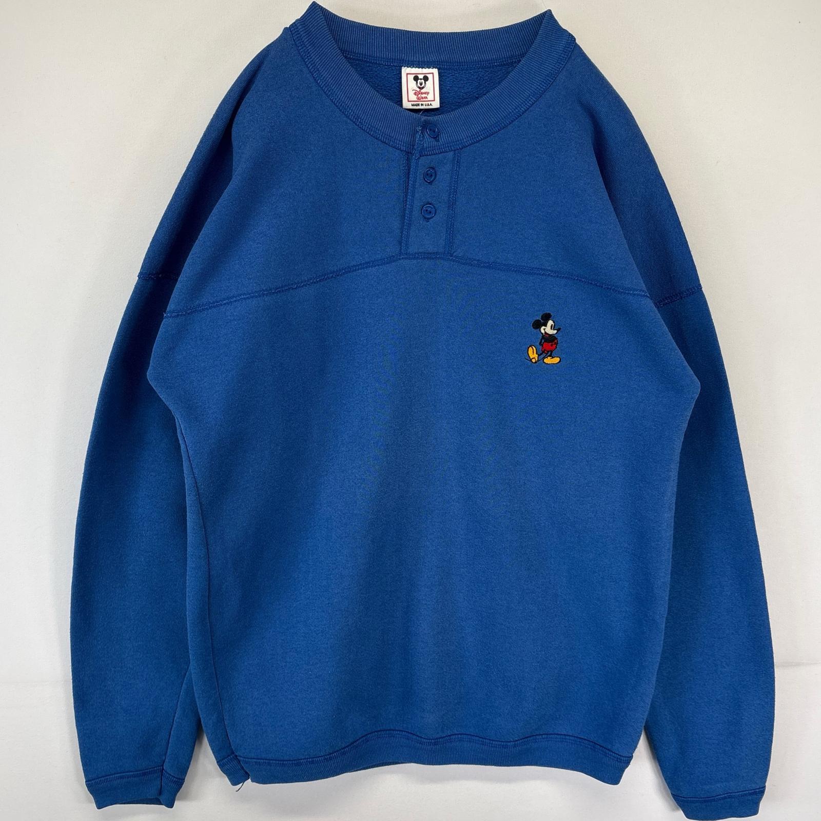 古着 80s/80年代 ヴィンテージ USA製 スウェット ハーフボタン プルオーバー ミッキー刺繍 トレーナー L ブルー メンズ
