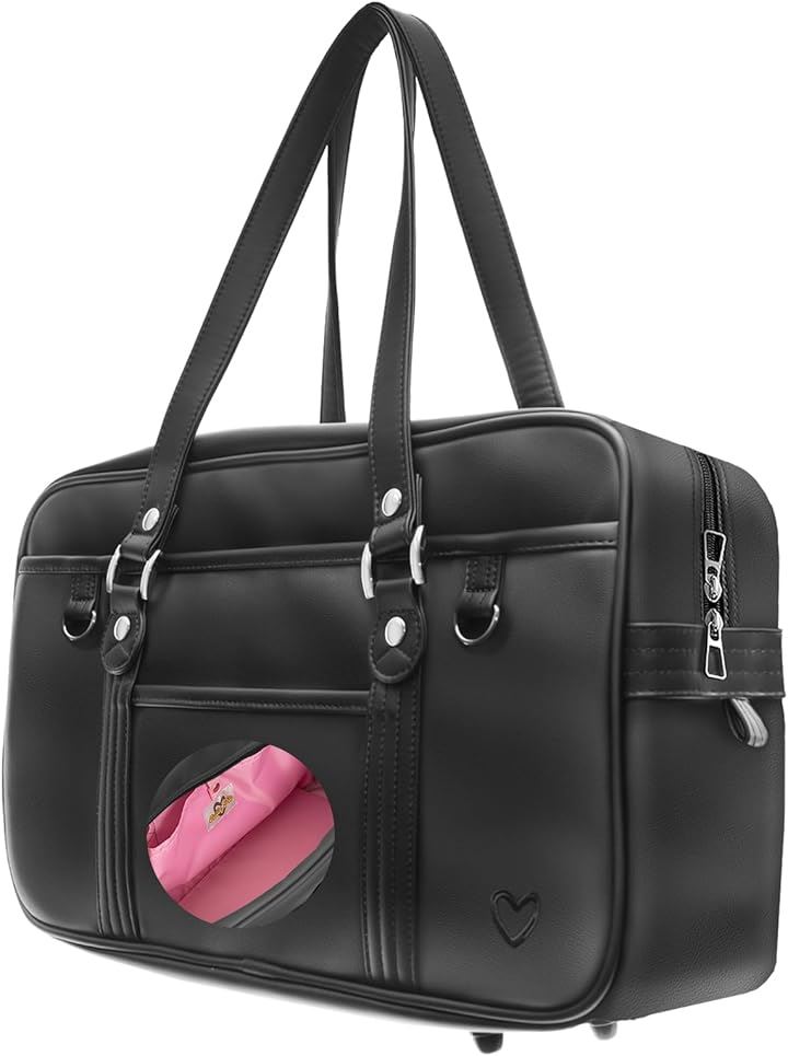 キューティパイ スクバ スクールバッグ 茶色 合皮 高耐久 丈夫 軽い かわいい 持ち手長い 女子高生(ブラック x ピンク)