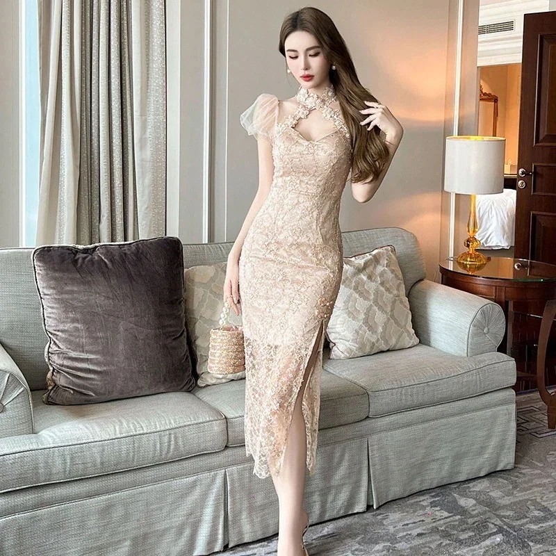 ロングスカート 25 中華風 チャイナドレス レース ル ワンピース ドレス パーティー キャバ 大人 同窓会 披露宴 卒業式 結婚式 演奏会 ウェディング 二次会 メガ割