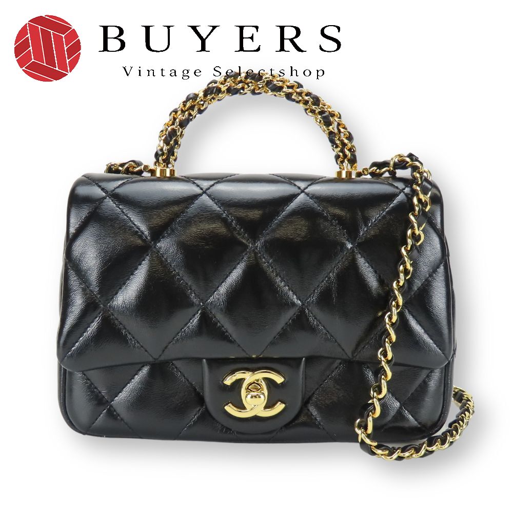 中古 ショルダーバッグ マトラッセ ココマーク ラムスキン ブラック ゴールド金具 シャイニー トップハンドル ミニフラップ レディース 女性