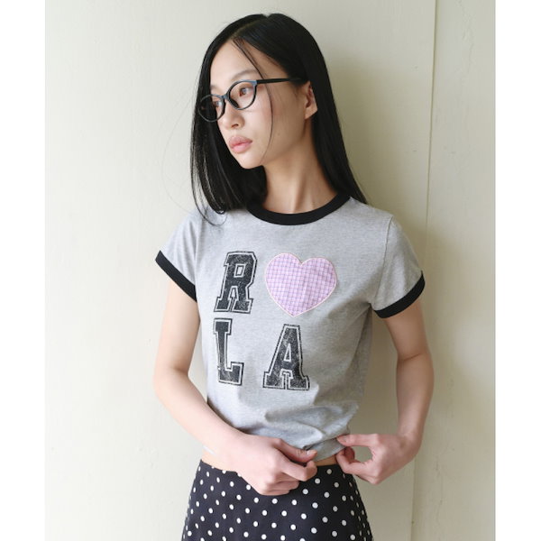 ロラローラアイラブローラパッチワークリンガーTシャツグレー