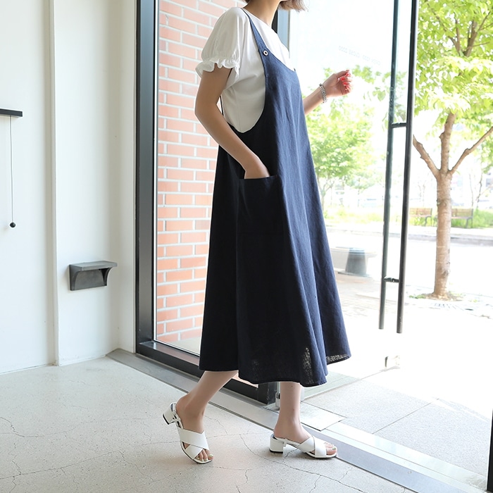 [韓国ファッション] バックゴム仕様 リネン素材 サロペット付き フレアワンピース
