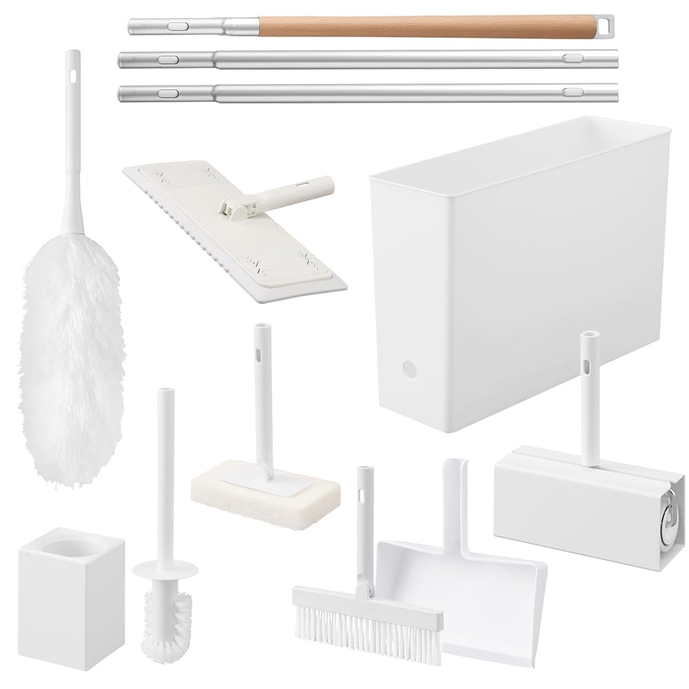 アイリスオーヤマ ボタンで着脱出来て持ち手が伸ばせるから体が痛くなりにくい家じゅうお掃除9点セット まとめて収納可能 引っ掛けて収納可能 天然木で温かみがあるフローリングワイパー ホワイト
