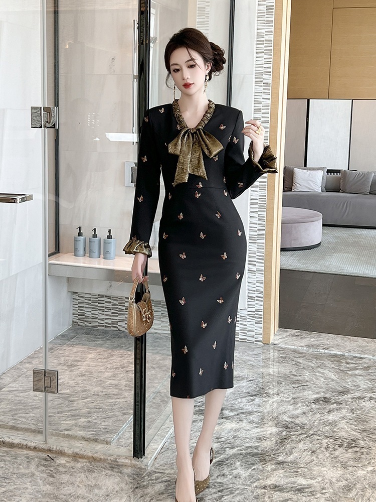 【JY.上品】 蝶刺繍 秋冬 リボン レトロ ドレス パーティー キャバ 大人 同窓会 披露宴 卒業式 結婚式 成人式 ウェディング 二次会 メガ割