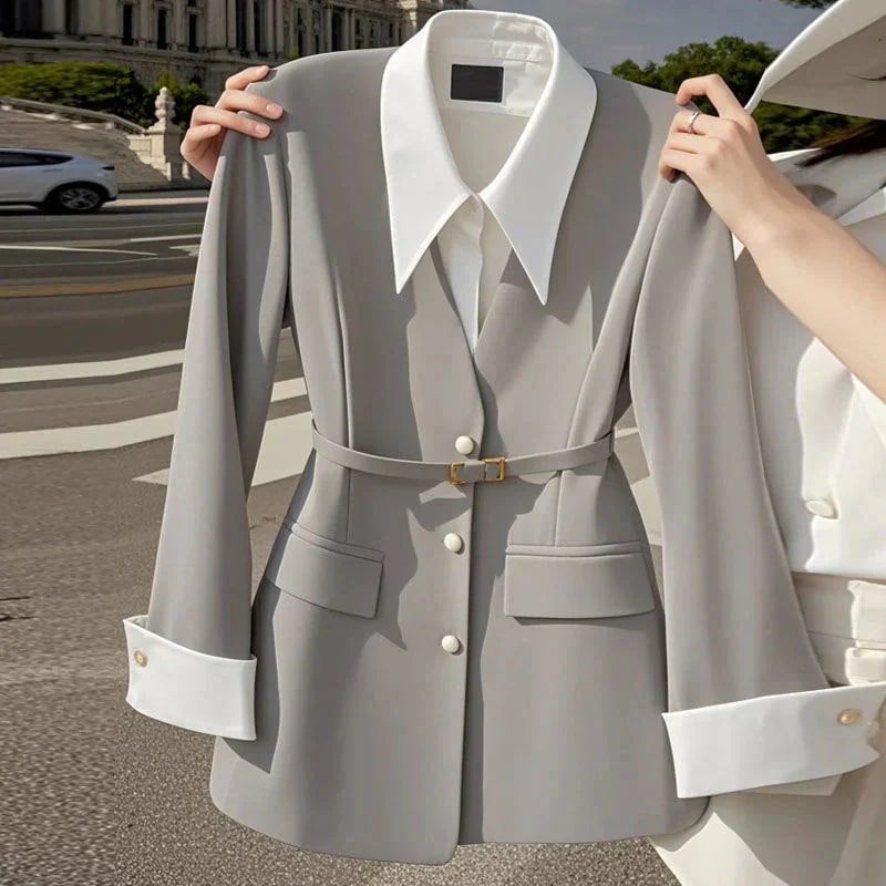 韓 ニッチ フェイク2ピース レディースウェア スーツ ブラック ウエスト デザイン 小さな香水スタイル ジャケット スモール・スーツ