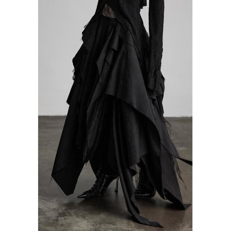 アシンメトリー スカート レディース 刺繍 ダーク 秋冬 小さい Aライン 柔らかい ジッパー ゴシック ティアード ふんわり 黒 コスプレ 魔女