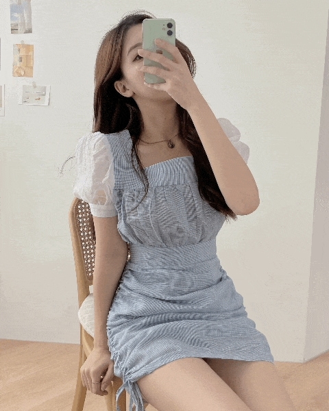 [長さ調節可能] シフォン チェック シャーリング パフ ミニ ワンピース