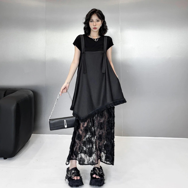 【3日で出荷】デニムドッキング レースワンピース 夏 調節キャミ付き ゆったり レディース ロングワンピース