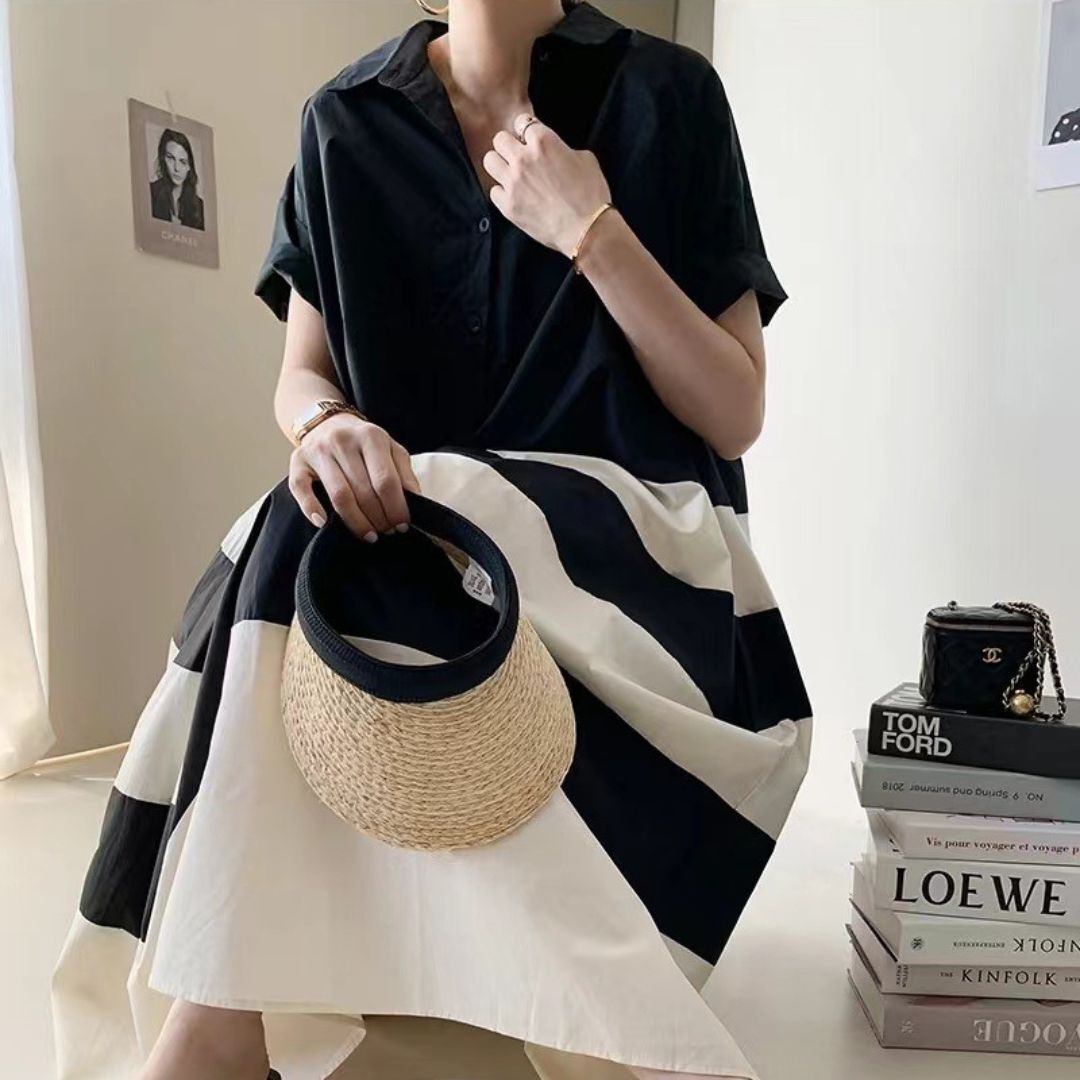 ワンピース シャツワンピース シャツワンピ 半袖 ロング丈 ボーダー 襟付き 夏 韓国 レディース オルチャン シンプル 清楚 可愛い 個性的 大人 かっこいい きれいめ 高級感 高見え