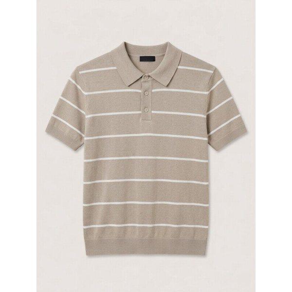 ウォッシャブル綿100%ストライプポロカラーネック夏半袖ニットTシャツ2カラー_JK