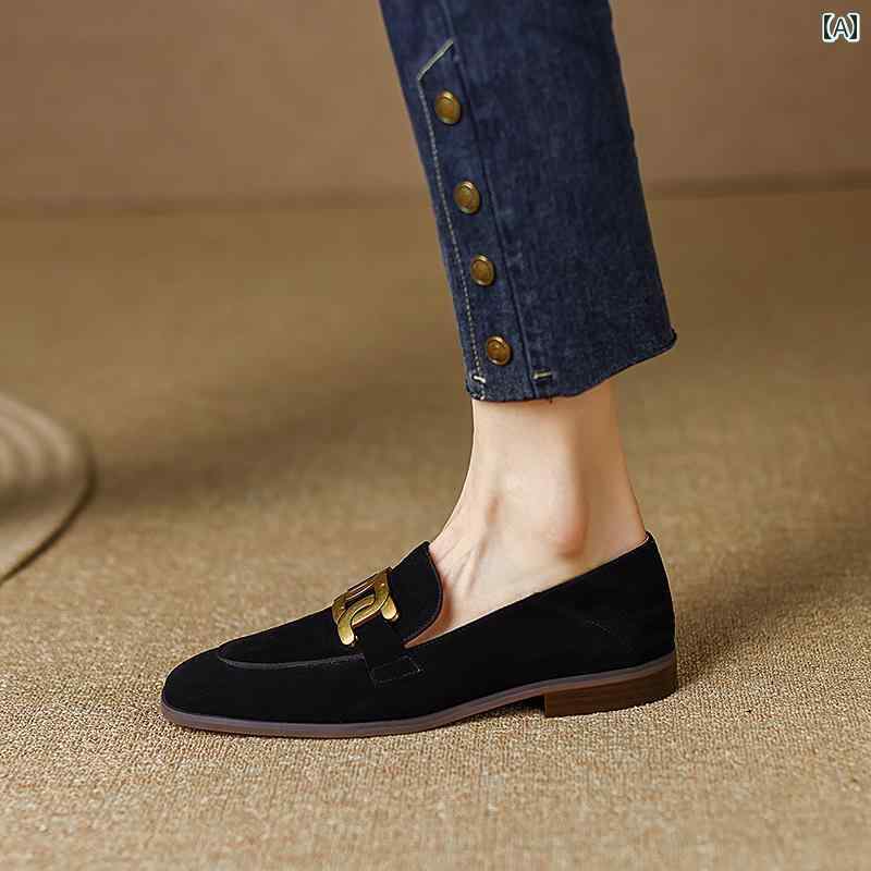 ローファー レディース 歩きやすい 通勤 通学 ヌバック シープスキン フラットソール アプリコット 女性 英国 メタル バックル スリッポン ソフト ソール 革靴