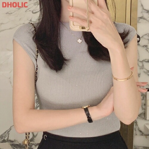 [メガ割りSALE]ストレッチスパンコールスリム半袖ニット