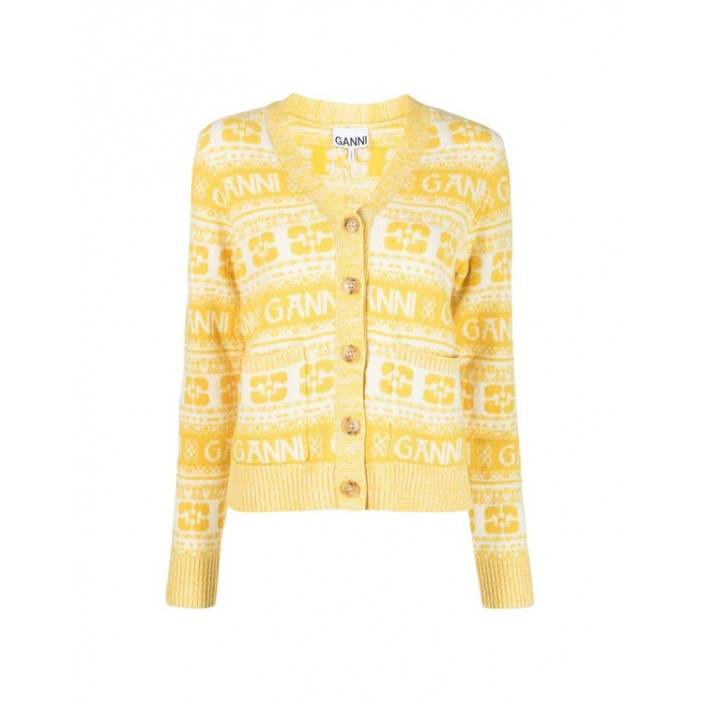 23FW ガーニウィメンズロゴウール Vネックカーディガンイエロー K1901 342 個