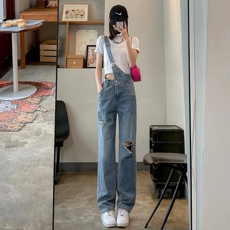 コーデ完成サロペットリップド斜めがけバックストラップジーンズ女性 2024年春 ハイウエスト スキニー スモール ワイド レッグ ストレート トラウザーズ