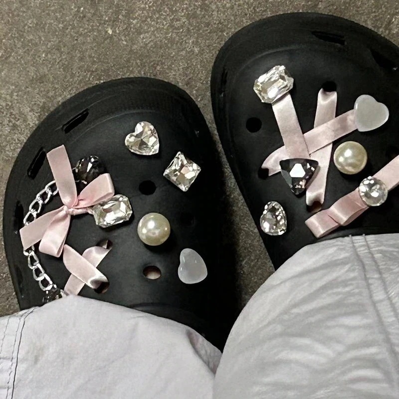 ジビッツ 中空靴アクセサリーダイヤモンドピンクリボン靴花飾りバックルdiyアクセサリー靴バックル1145124272