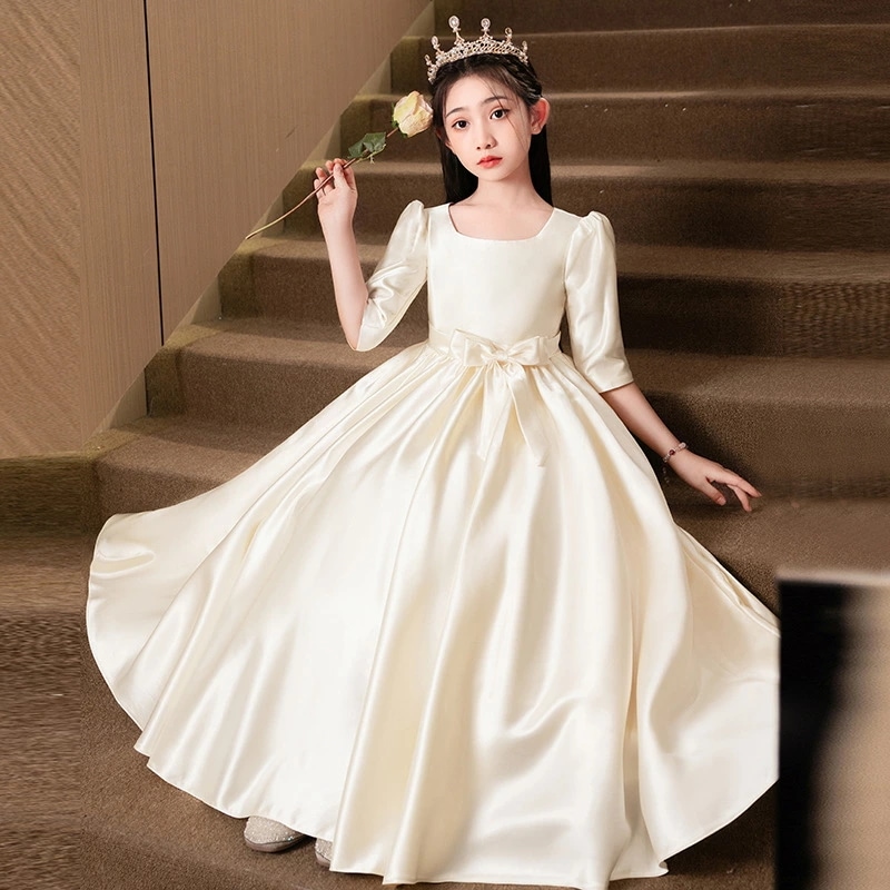 ピアノ発表会ドレス 子供ドレス ロング シャンパン色 サテン ドレス リボン 可愛い 演奏会ドレス 女児ドレス ロングドレス 女の子 キッズドレス 子どもドレス ピアノ発表会 フォーマル 100~16