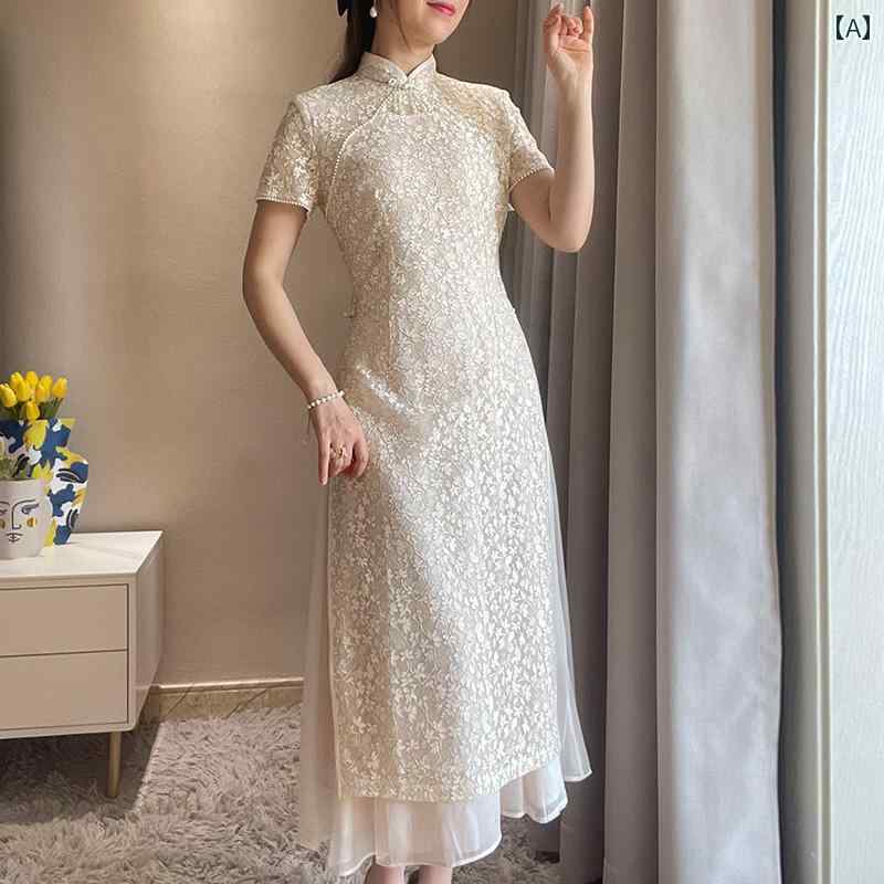 アオザイ チャイナドレス 夏 レディース ワンピース レース ロング丈 エレガント 毎日 ベージュ ピンク