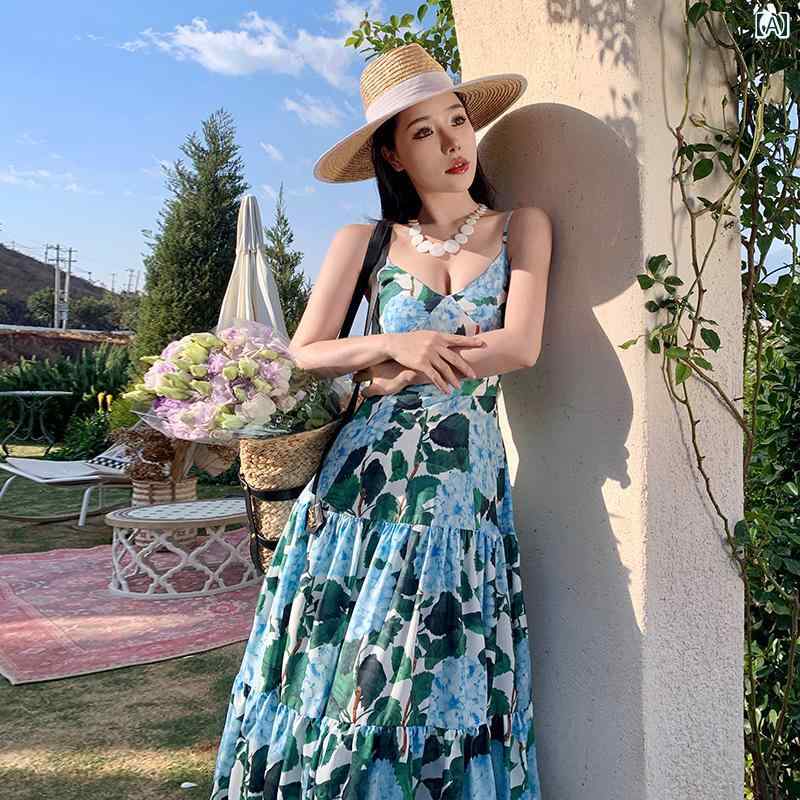 ワンピース レディース 大人 リゾート フレンチ スリング フェアリー ロング スカート グリーン アジサイ プリント ビーチ ドレス ホリデー ドレス