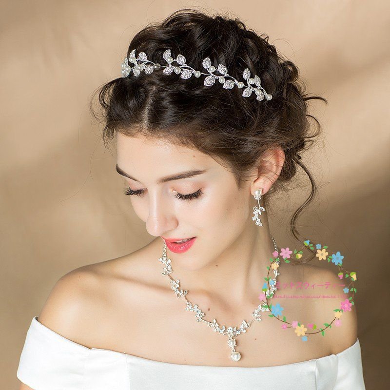ティアラ クラウン ネックレス イヤリング 3点セット 結婚式 頭飾り 花嫁 二次会 パーティー 披