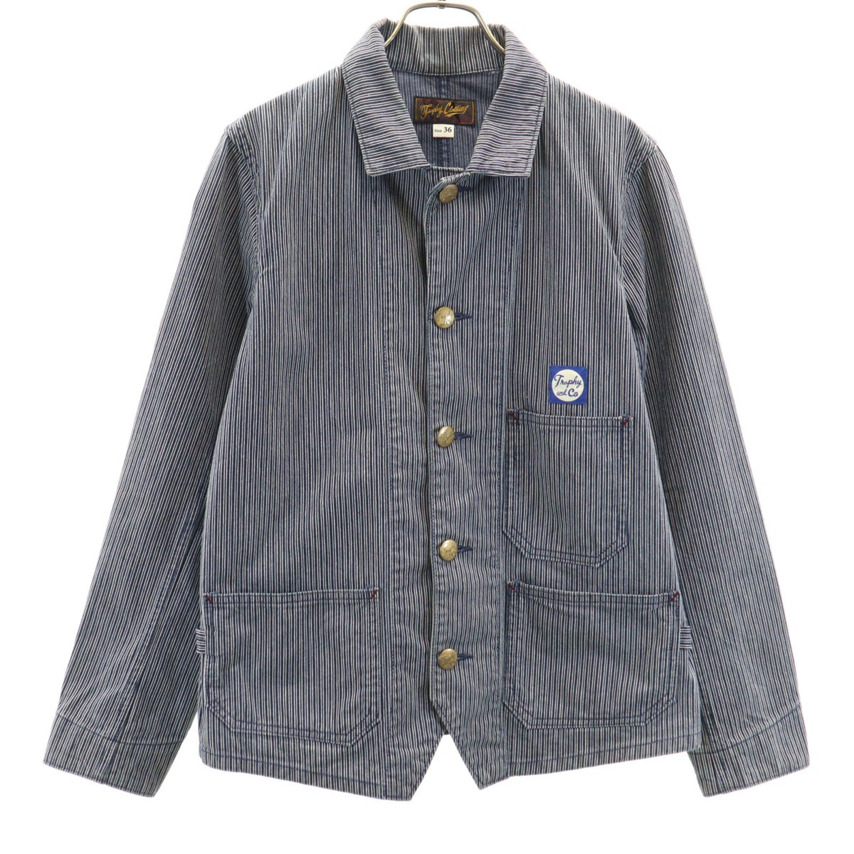 Trophy Clothing トロフィークロージング 日本製 ヒッコリーストライプ カバーオール 36 インディゴ メンズ 古着